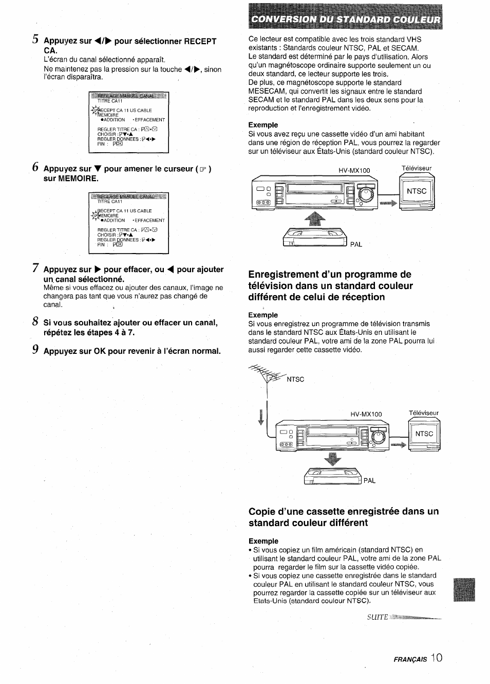 Appuyez sur pour sélectionner recepì ca, Exemple, 9 appuyez sur ok pour revenir à l’écran normal | 6 appuyez sur t pour amener le curseur, Appuyez sur ok pour revenir à l’écran normal | Aiwa HV-MX100U User Manual | Page 75 / 132
