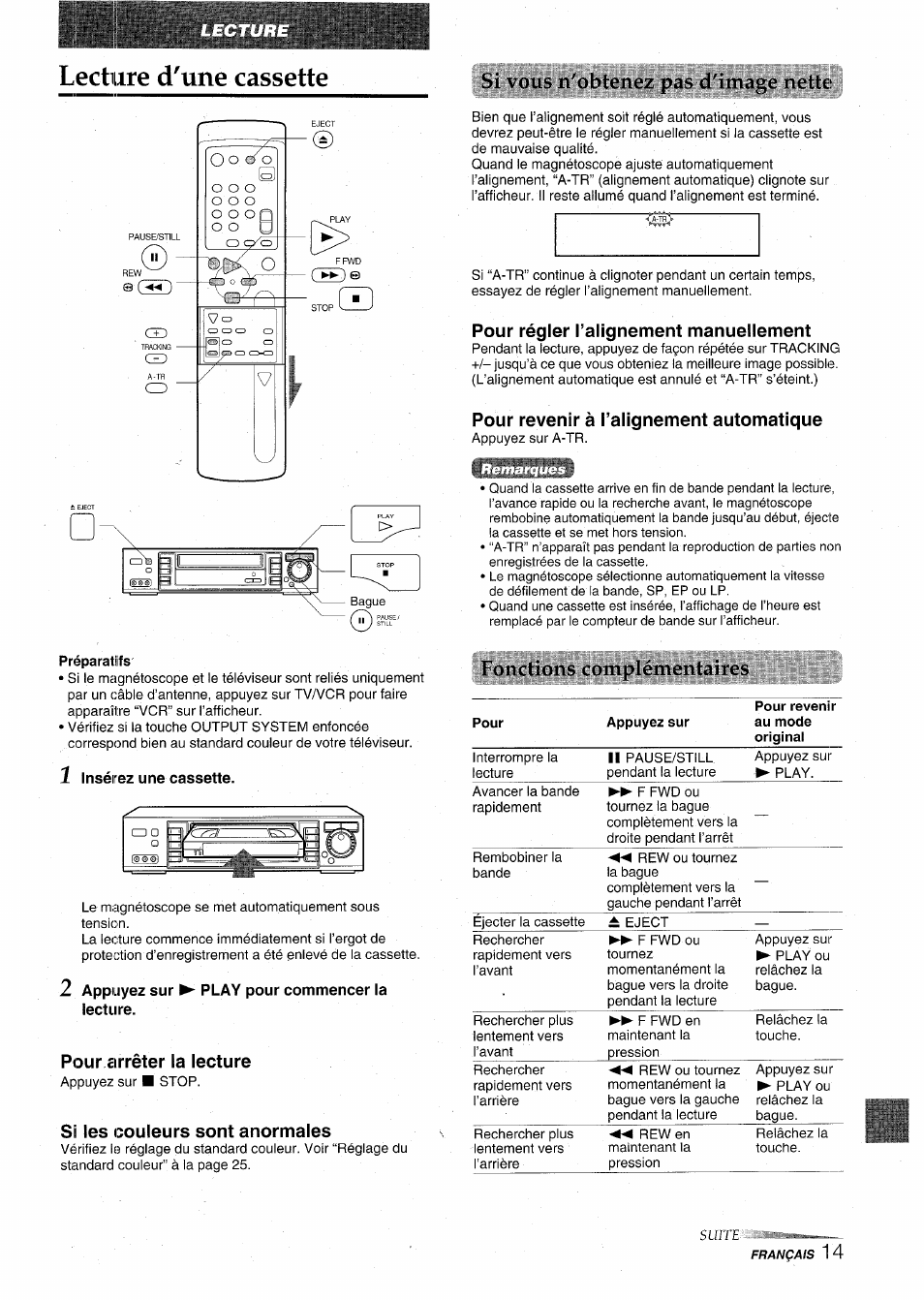 Lectiiire d'une cassette, Si vous n'obtl'noz pas d'imaj>c notk, Pour régler i’alignement manuellement | Pour revenir à l’alignement automatique, Préparatifs, 1 insérez une cassette, Foiiclions com pic menici ires, 2 appuyez sur ► play pour commencer la lecture, Pour arrêter la lecture, Si les couleurs sont anormales | Aiwa HV-MX100U User Manual | Page 79 / 132