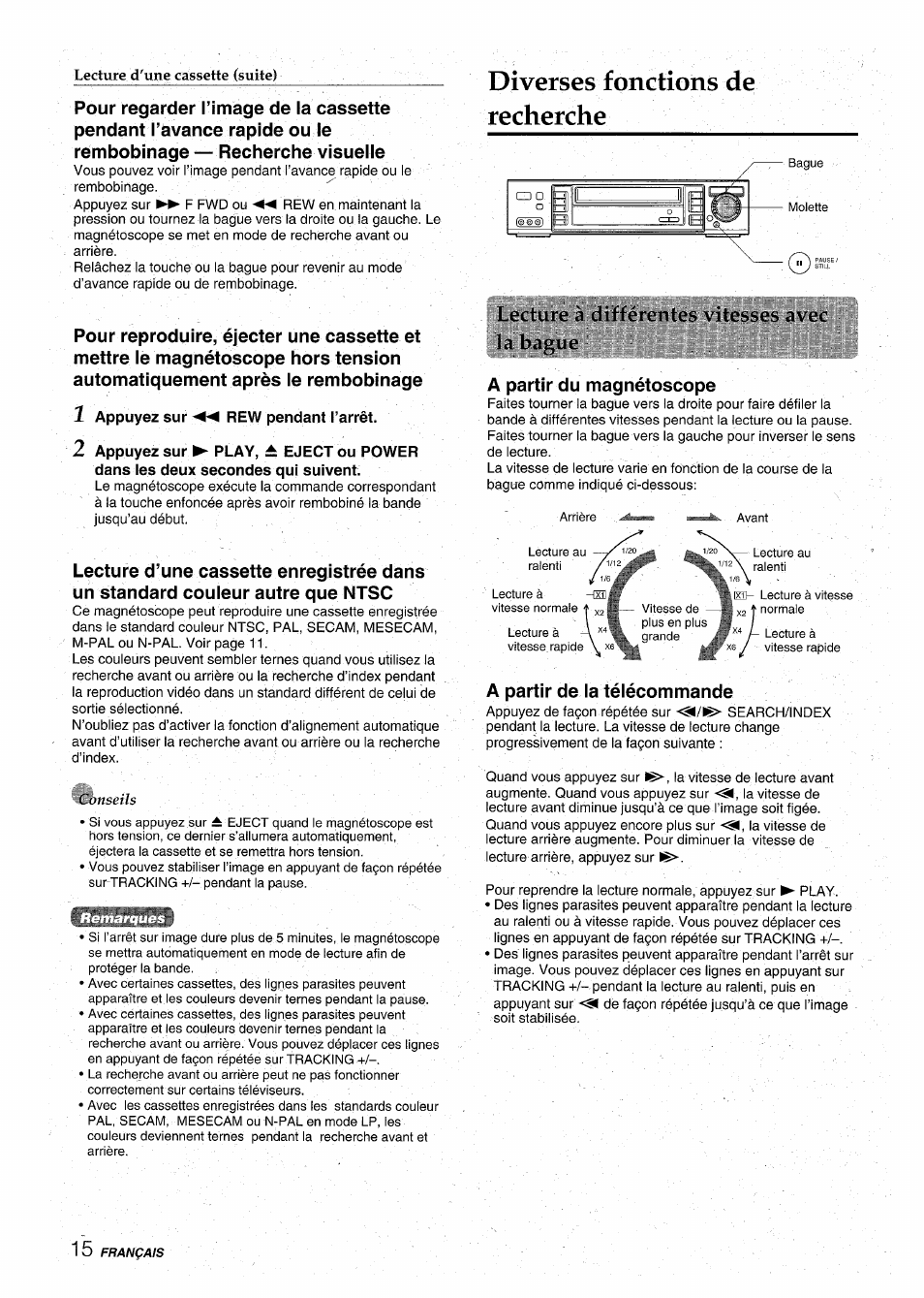 1 appuyez sur ◄◄ rew pendant l’arrêt, Diverses fonctions de recherche, A partir du magnétoscope | A partir de la télécommande | Aiwa HV-MX100U User Manual | Page 80 / 132