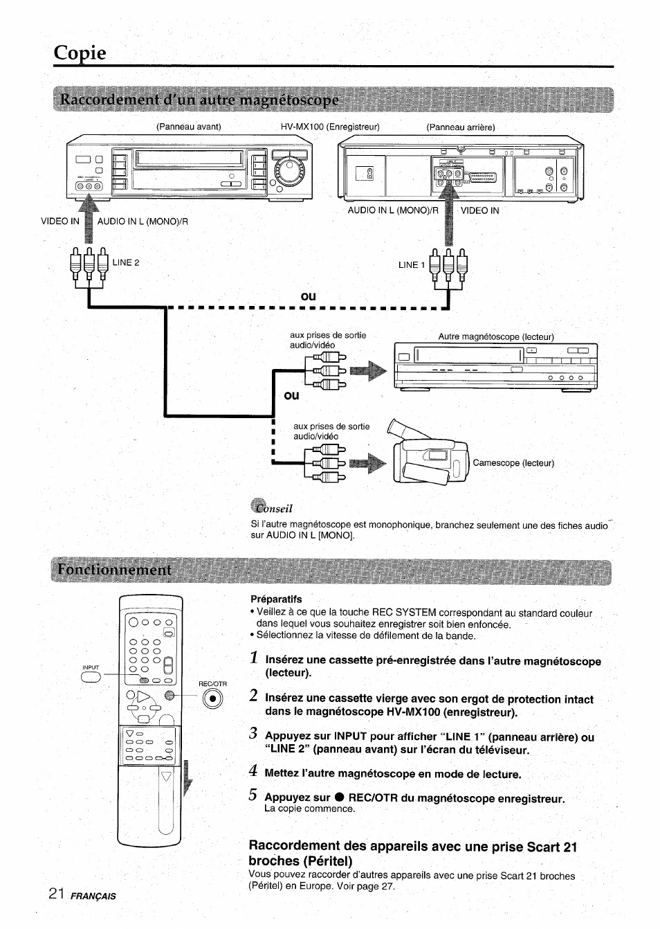 Copie, Kaccordomonl d'un iiiitre rnti^nétoscope, Fonctionnement | Préparatifs, 4 mettez l’autre magnétoscope en mode de lecture | Aiwa HV-MX100U User Manual | Page 86 / 132