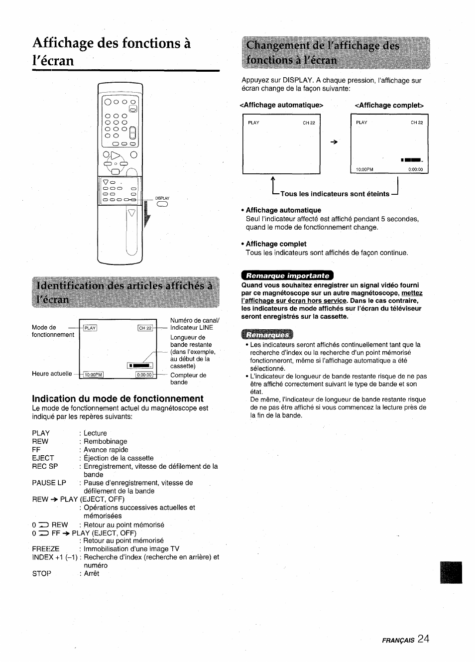 Affichage des fonctions à l'écran, Indication du mode de fonctionnement, Changement de l'affichage des fonctions à l'écran | Tous les indicateurs sont éteints, Affichage automatique, Affichage complet, Affichage des fonctions à l’écran | Aiwa HV-MX100U User Manual | Page 89 / 132