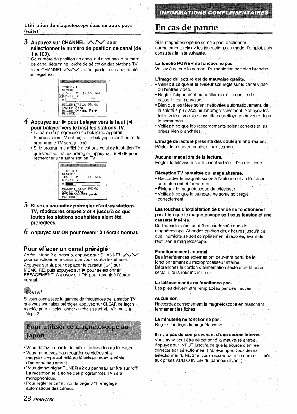 En cas de panne, Pour effacer un canal préréglé, D si | L*oiir uliliseï ce iiiri!.>iiélum:()pe du | Aiwa HV-MX100U User Manual | Page 94 / 132