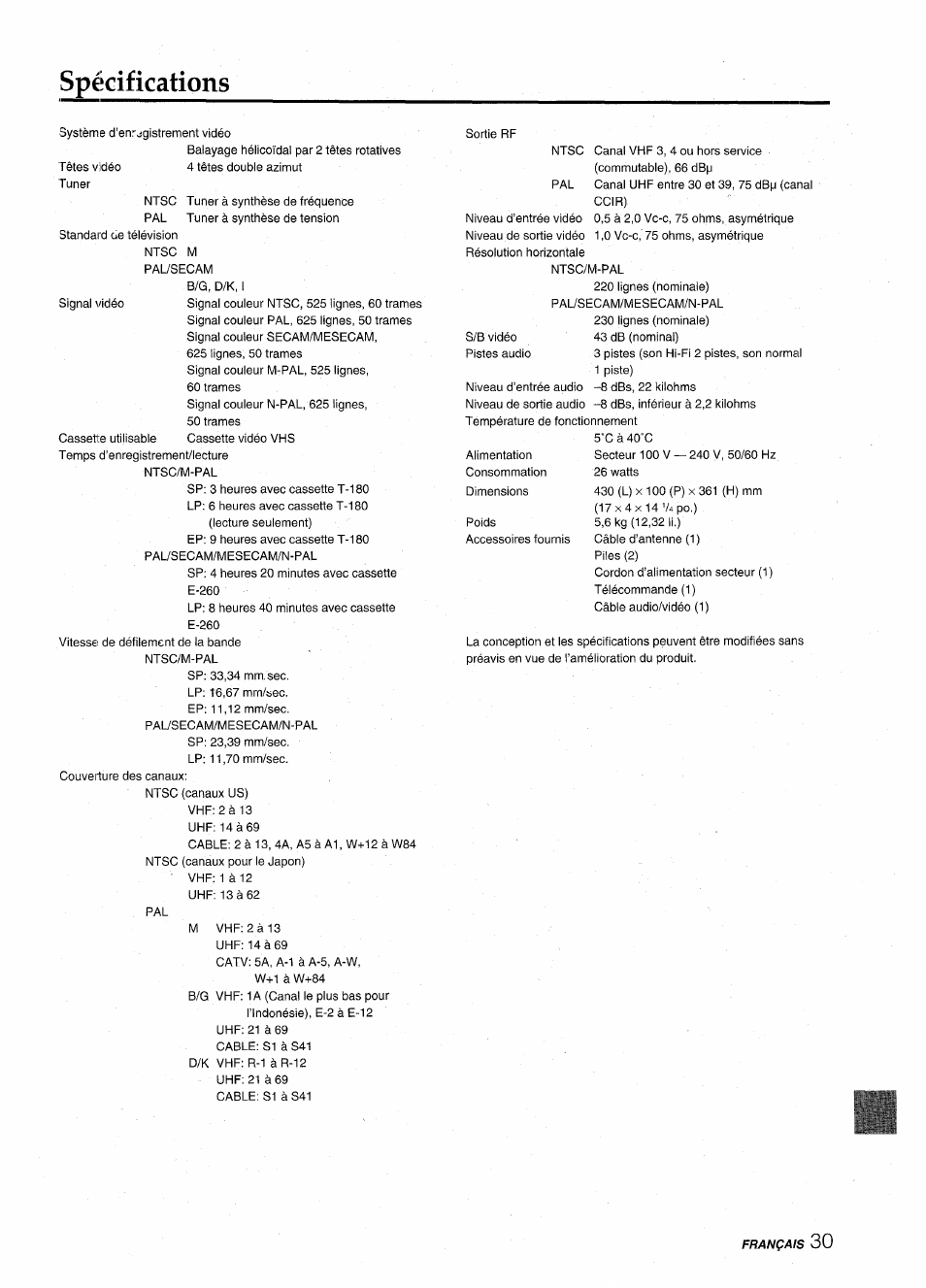 Spécifications | Aiwa HV-MX100U User Manual | Page 95 / 132