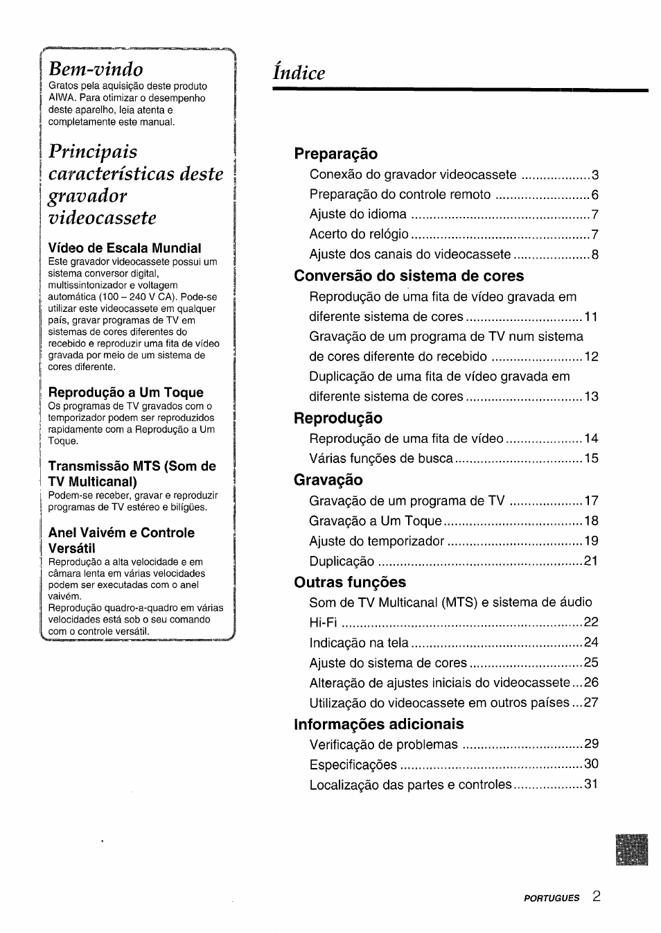 Bem-vindo, Indice | Aiwa HV-MX100U User Manual | Page 99 / 132