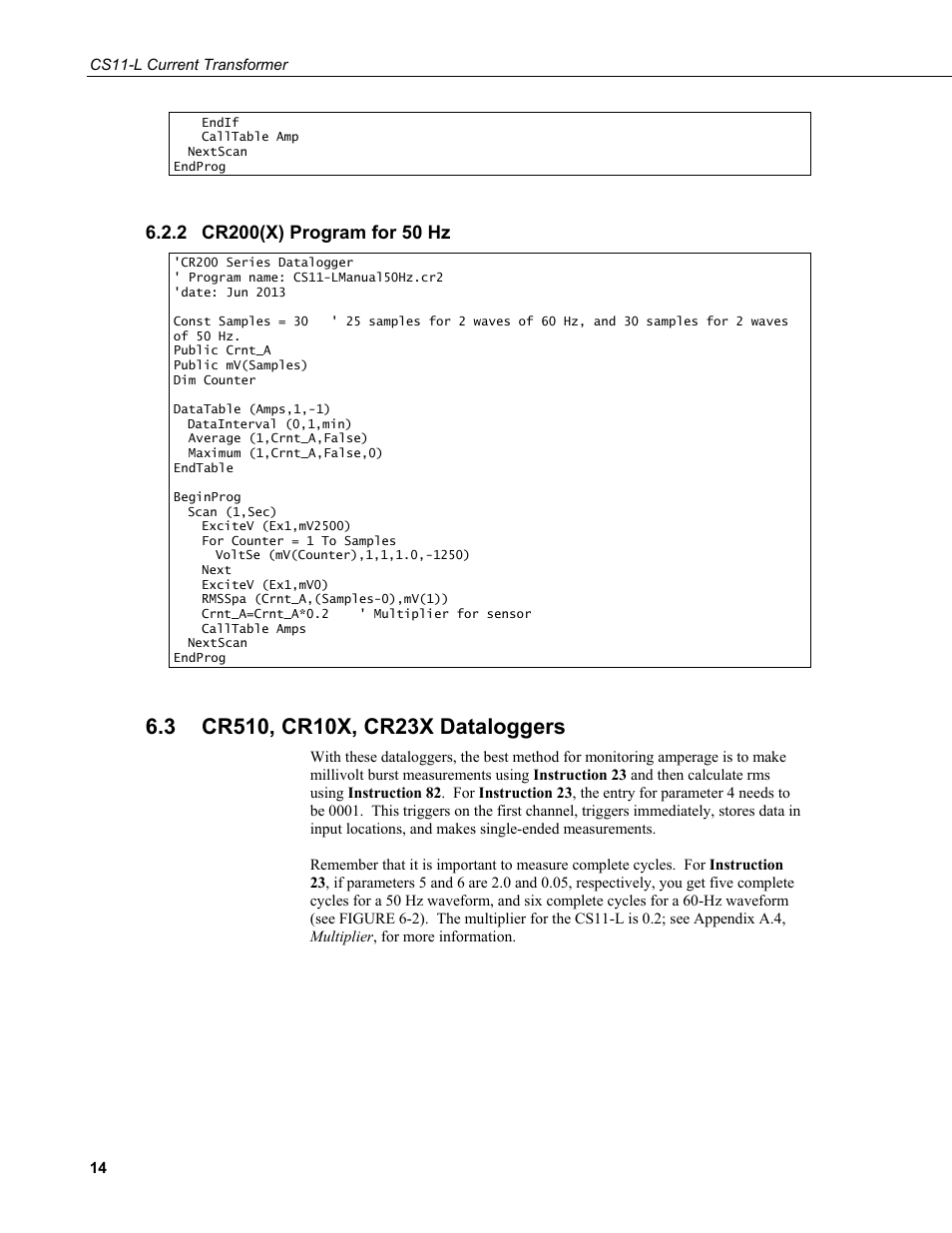 2 cr200(x) program for 50 hz, 3 cr510, cr10x, cr23x dataloggers, Cr200(x) program for 50 hz | Cr510, cr10x, cr23x dataloggers | Campbell Scientific CS11-L Current Transformer User Manual | Page 20 / 36