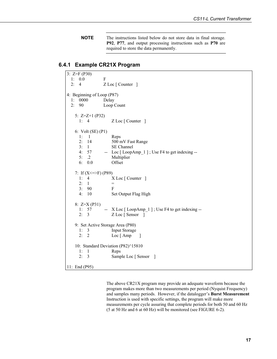 1 example cr21x program, Example cr21x program | Campbell Scientific CS11-L Current Transformer User Manual | Page 23 / 36