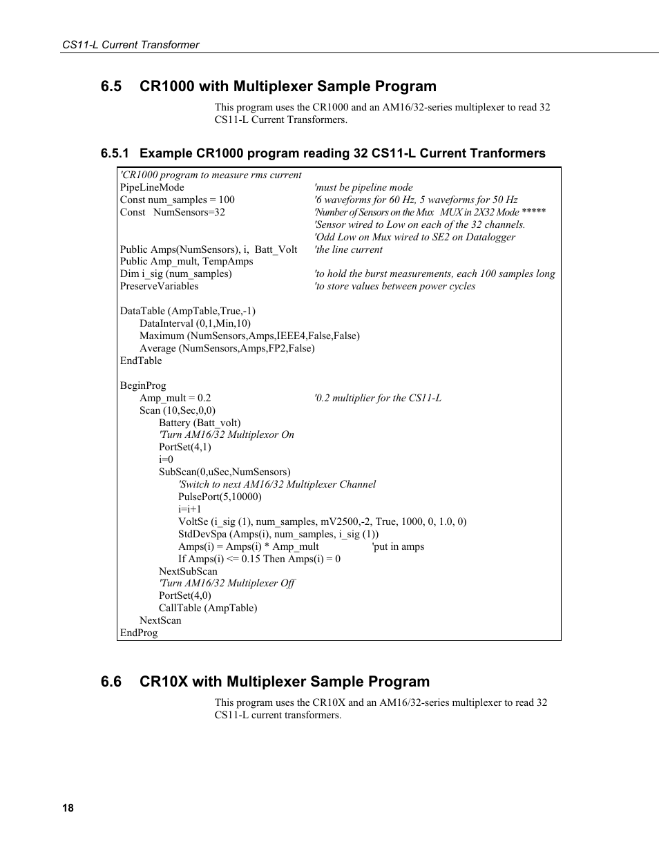 5 cr1000 with multiplexer sample program, 6 cr10x with multiplexer sample program, Cr1000 with multiplexer sample program | Example cr1000 program reading 32 cs11-l current, Tranformers, Cr10x with multiplexer sample program | Campbell Scientific CS11-L Current Transformer User Manual | Page 24 / 36