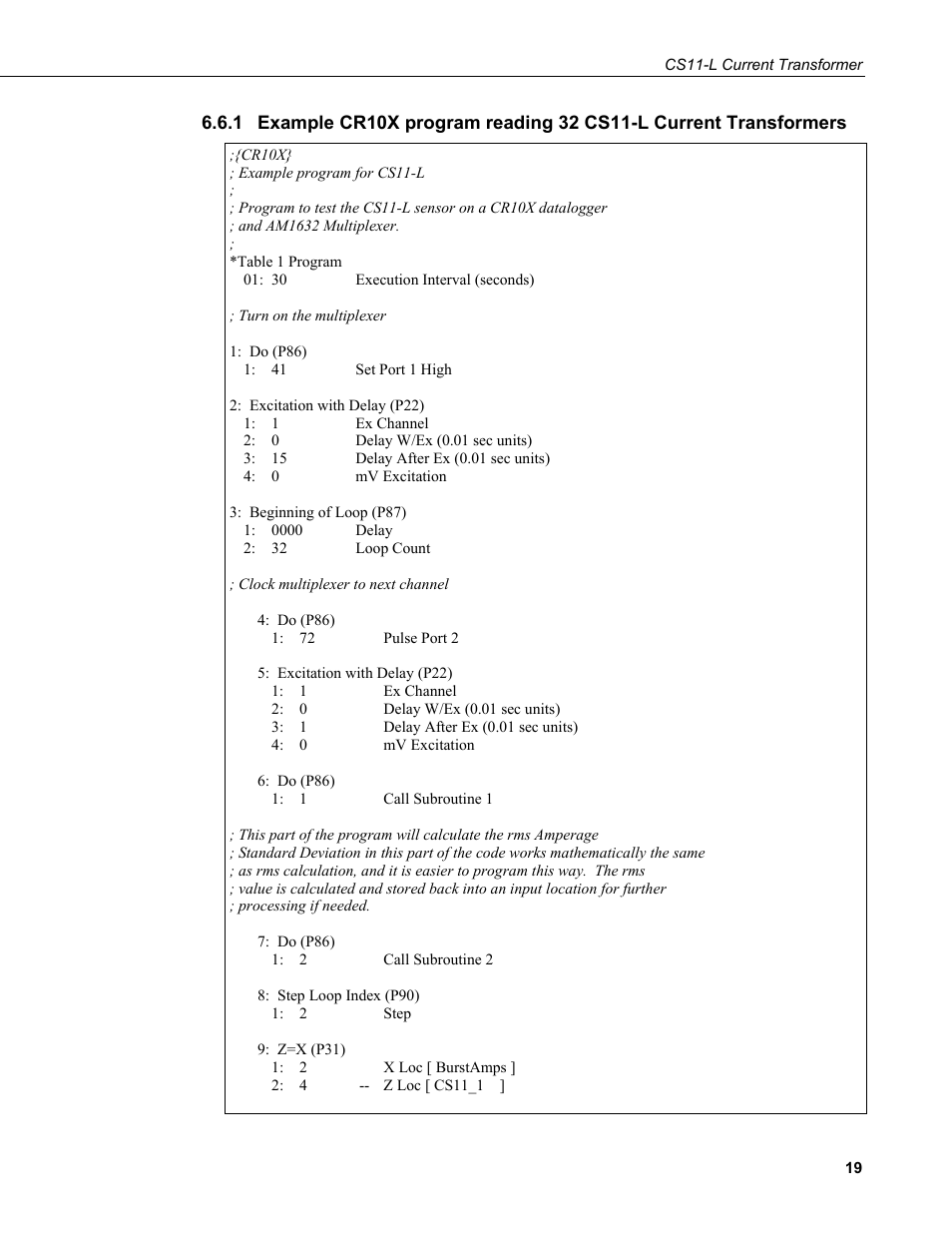 Example cr10x program reading 32 cs11-l current, Transformers | Campbell Scientific CS11-L Current Transformer User Manual | Page 25 / 36