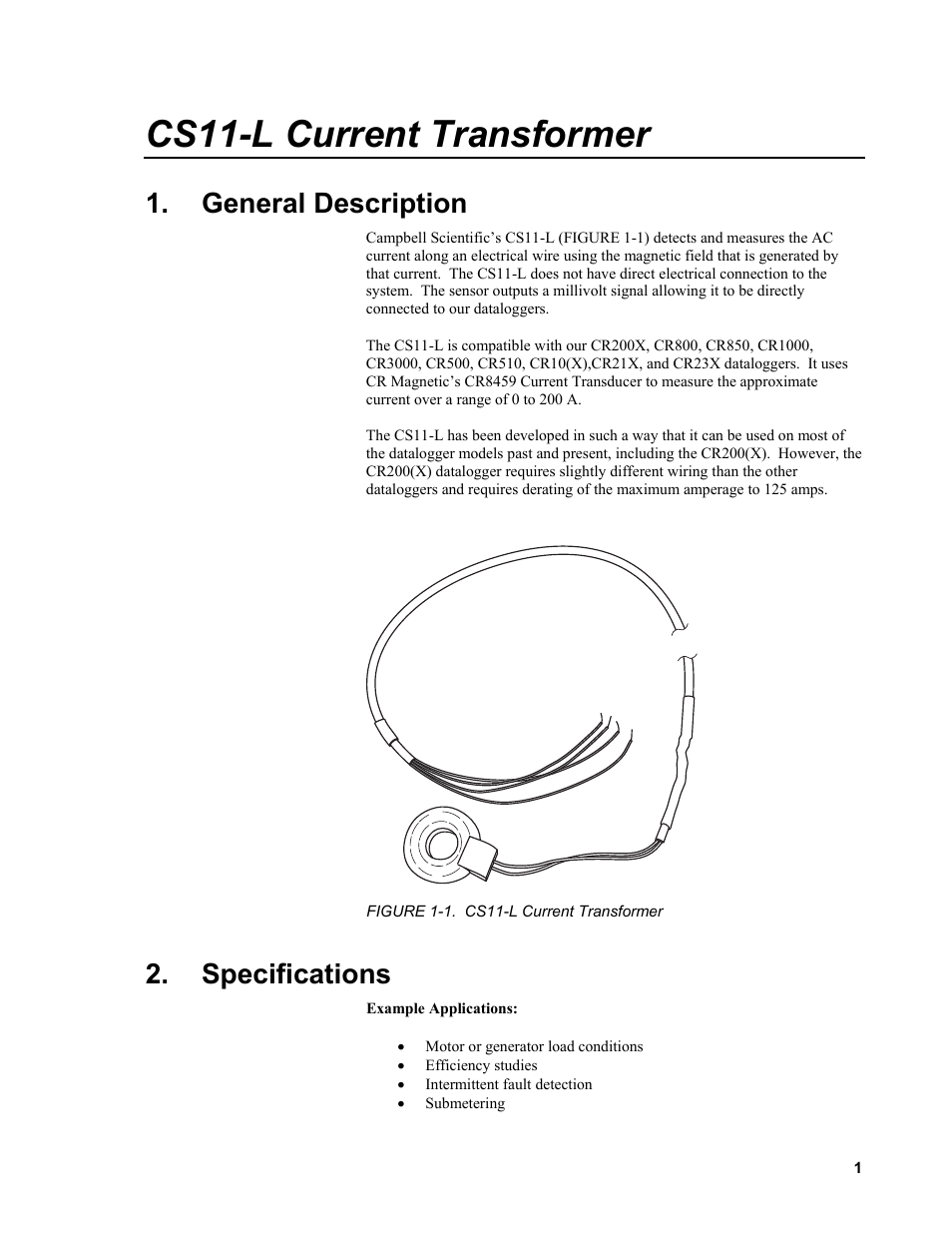 General description, Specifications, 1. cs11-l current transformer | Cs11-l current transformer | Campbell Scientific CS11-L Current Transformer User Manual | Page 7 / 36