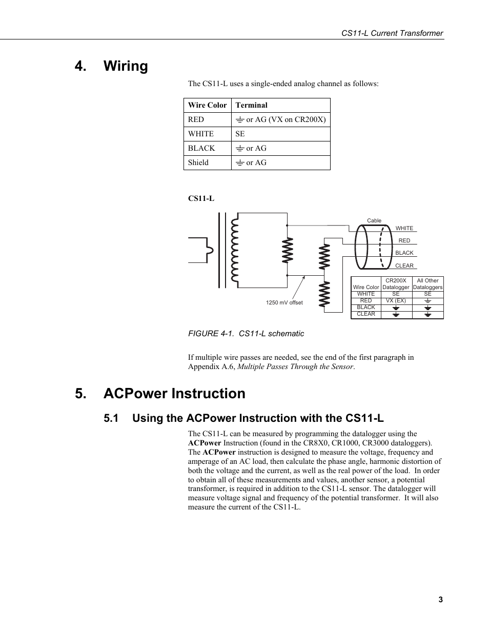 Wiring, Acpower instruction, 1 using the acpower instruction with the cs11-l | Using the acpower instruction with the cs11-l, 1. cs11-l, Schematic | Campbell Scientific CS11-L Current Transformer User Manual | Page 9 / 36