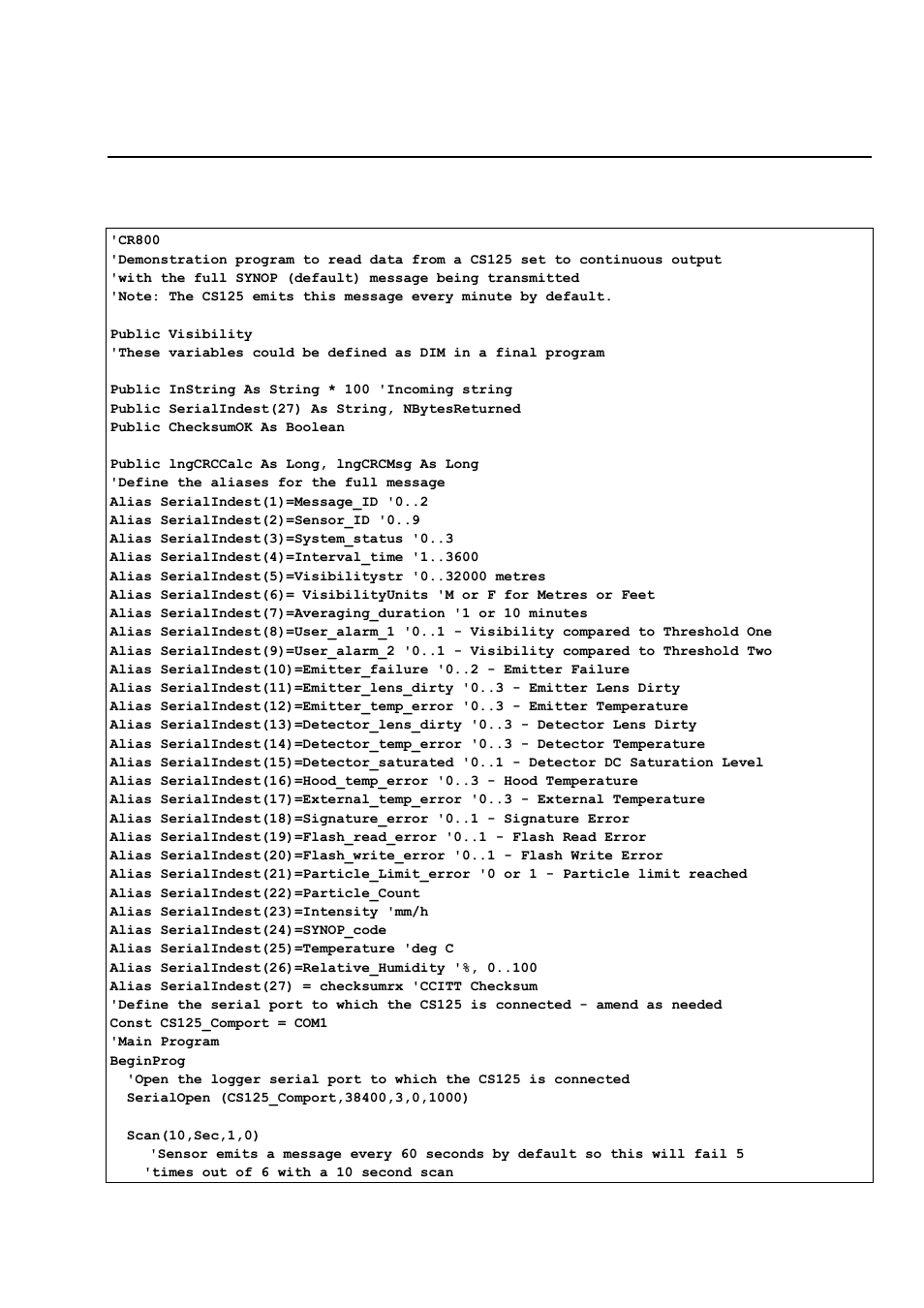 Appendix c. example crbasic programs, C.1 crbasic read program | Campbell Scientific CS125 Present Weather Sensor User Manual | Page 55 / 66