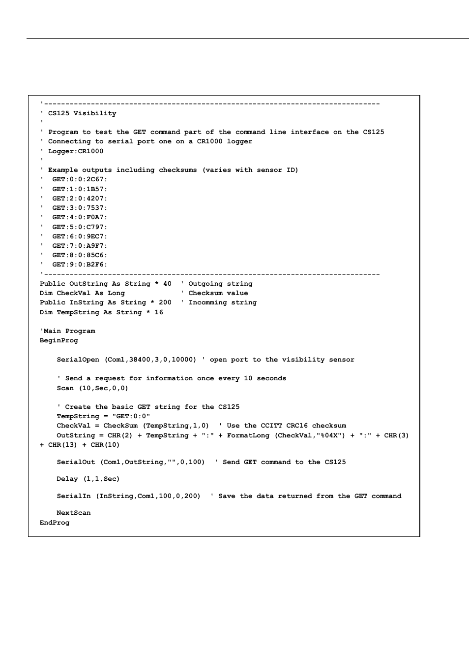 C.5 example crbasic get program | Campbell Scientific CS125 Present Weather Sensor User Manual | Page 64 / 66