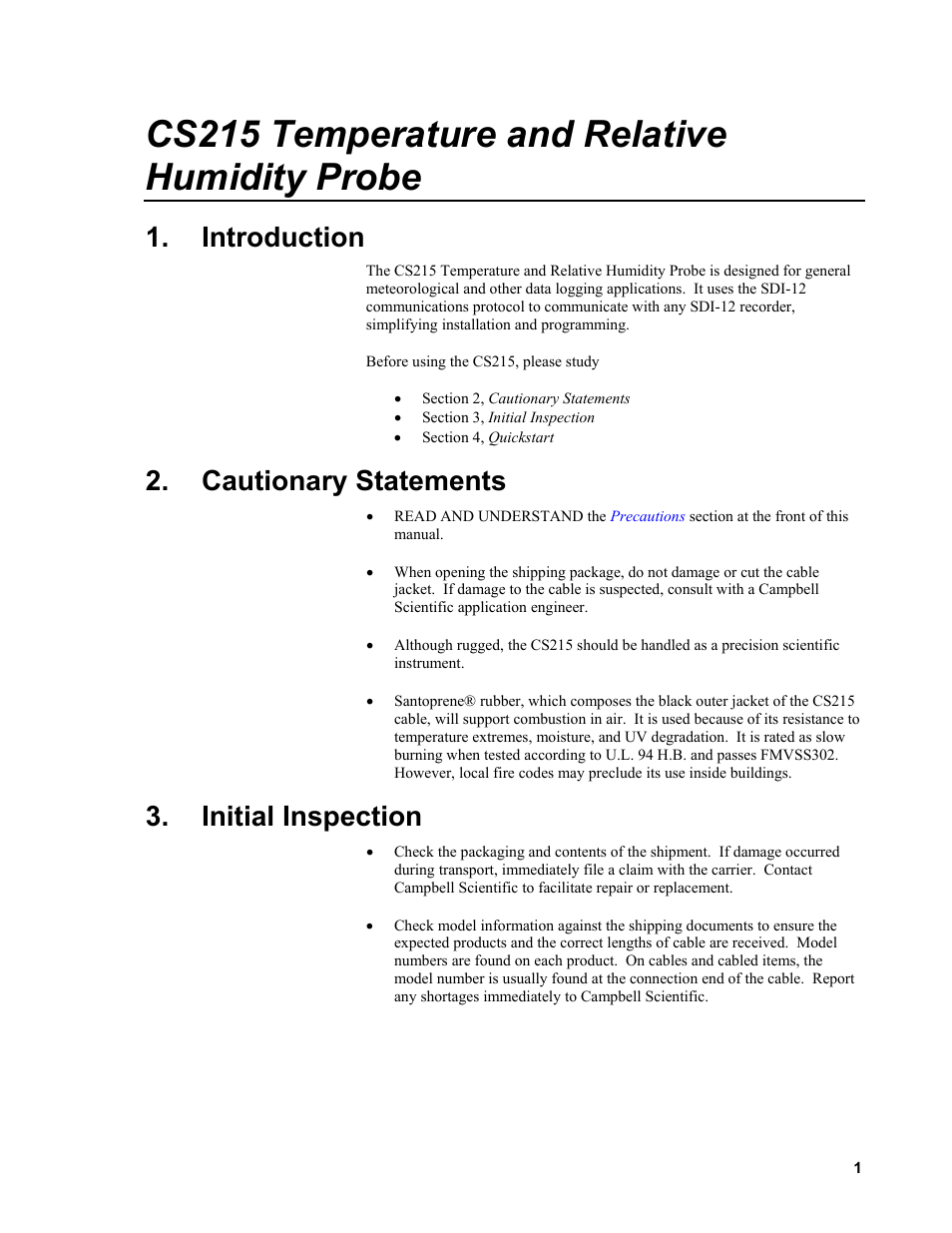 Introduction, Cautionary statements, Initial inspection | Cs215 temperature and relative humidity probe | Campbell Scientific CS215 Temperature and Relative Humidity Probe User Manual | Page 11 / 44