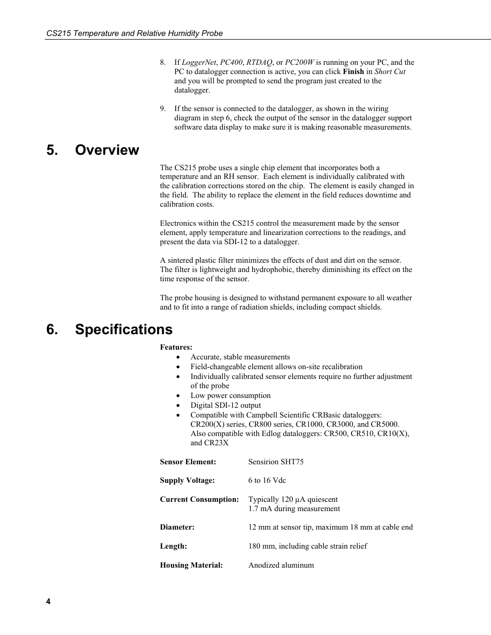 Overview, Specifications | Campbell Scientific CS215 Temperature and Relative Humidity Probe User Manual | Page 14 / 44