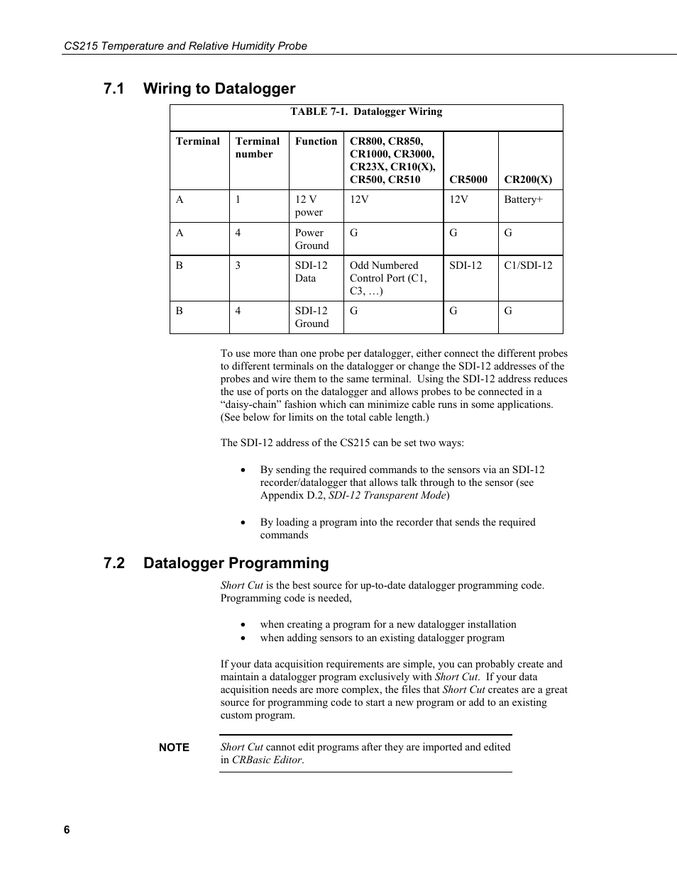 1 wiring to datalogger, 2 datalogger programming, Wiring to datalogger | Datalogger programming, 1. datalogger wiring | Campbell Scientific CS215 Temperature and Relative Humidity Probe User Manual | Page 16 / 44