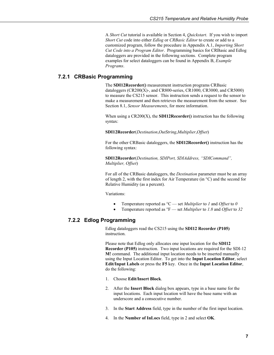 1 crbasic programming, 2 edlog programming, Crbasic programming | Edlog programming | Campbell Scientific CS215 Temperature and Relative Humidity Probe User Manual | Page 17 / 44
