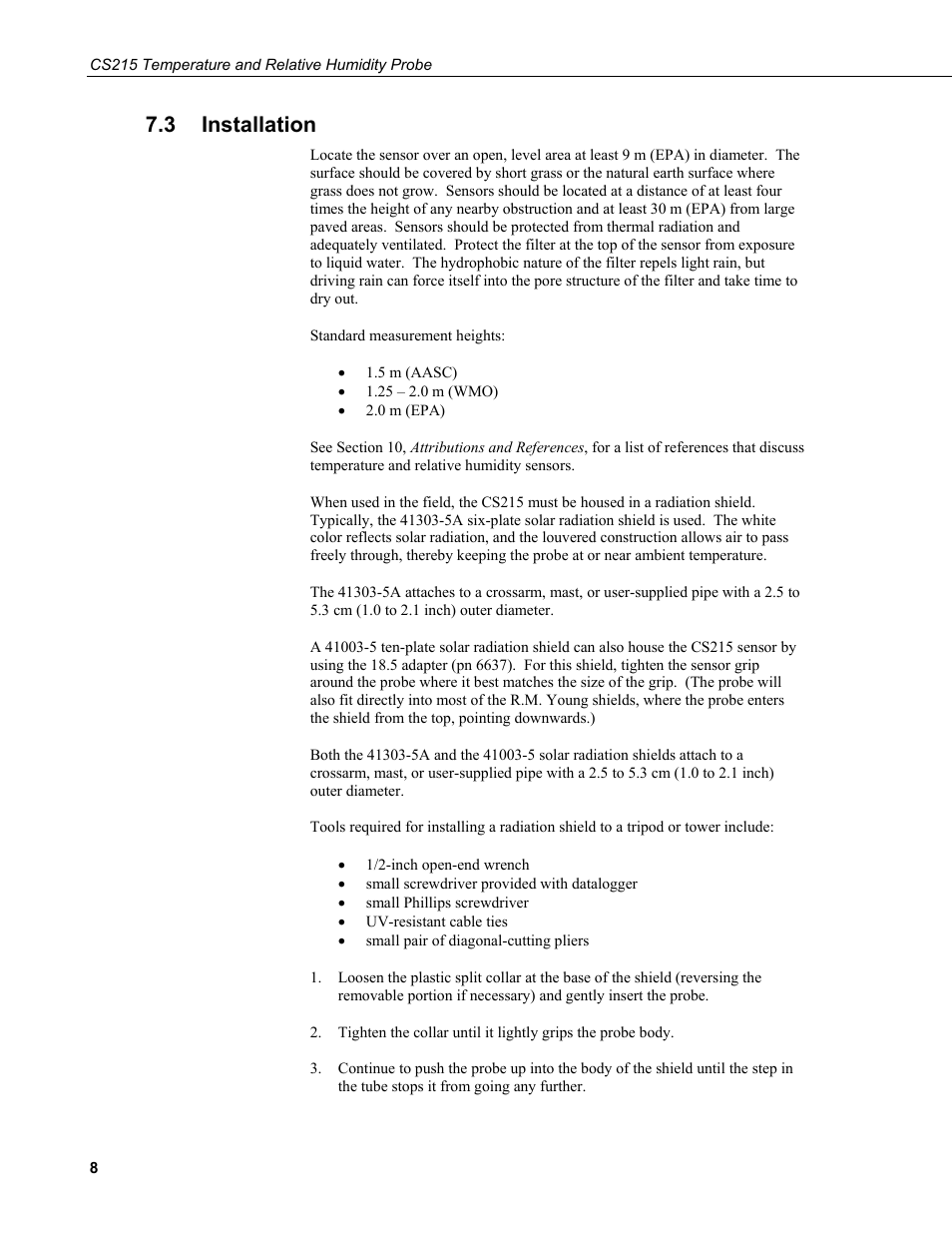 3 installation, Installation | Campbell Scientific CS215 Temperature and Relative Humidity Probe User Manual | Page 18 / 44