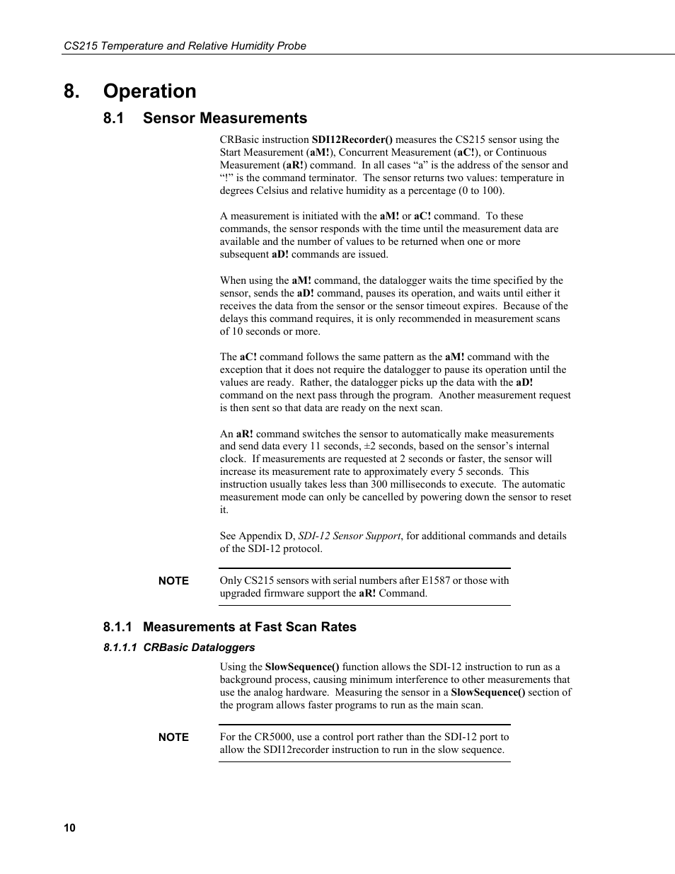 Operation, 1 sensor measurements, 1 measurements at fast scan rates | 1 crbasic dataloggers, Sensor measurements, Measurements at fast scan rates, Crbasic dataloggers | Campbell Scientific CS215 Temperature and Relative Humidity Probe User Manual | Page 20 / 44