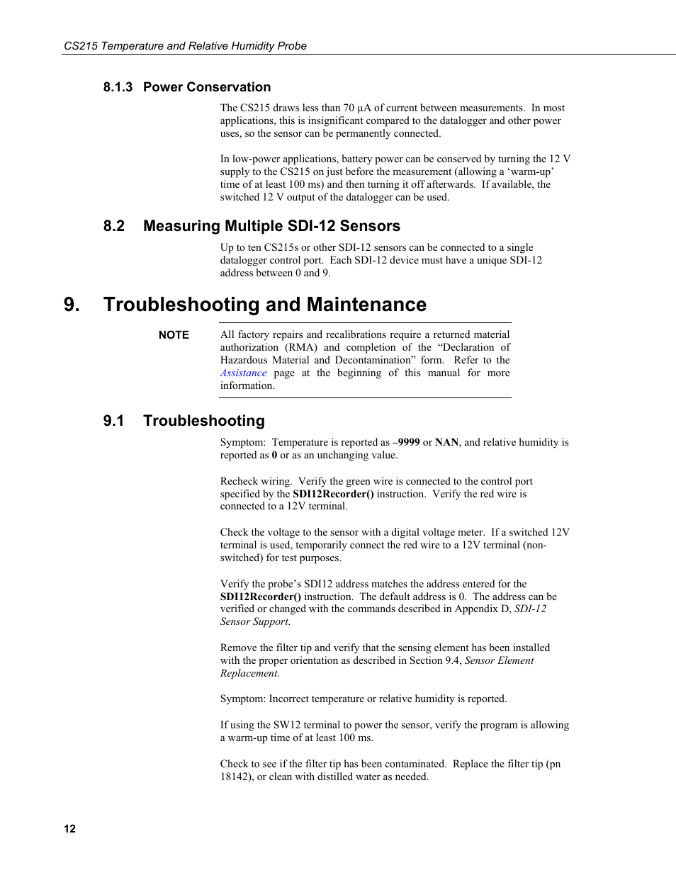 3 power conservation, 2 measuring multiple sdi-12 sensors, Troubleshooting and maintenance | 1 troubleshooting, Power conservation, Measuring multiple sdi-12 sensors, Troubleshooting | Campbell Scientific CS215 Temperature and Relative Humidity Probe User Manual | Page 22 / 44