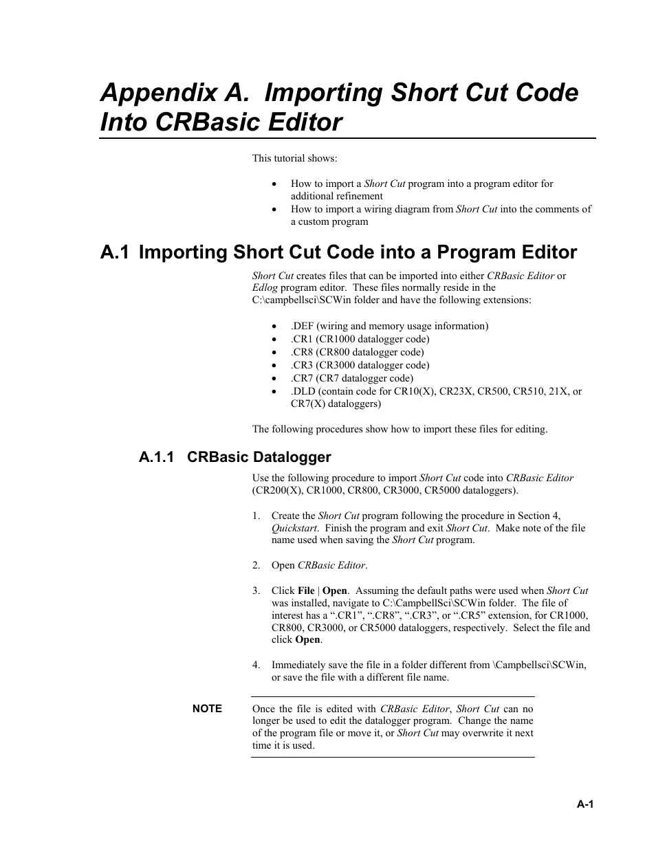 A.1 importing short cut code into a program editor, A.1.1 crbasic datalogger, A.1.1 | Appendix a.1, importing short, Cut code into a program editor | Campbell Scientific CS215 Temperature and Relative Humidity Probe User Manual | Page 29 / 44