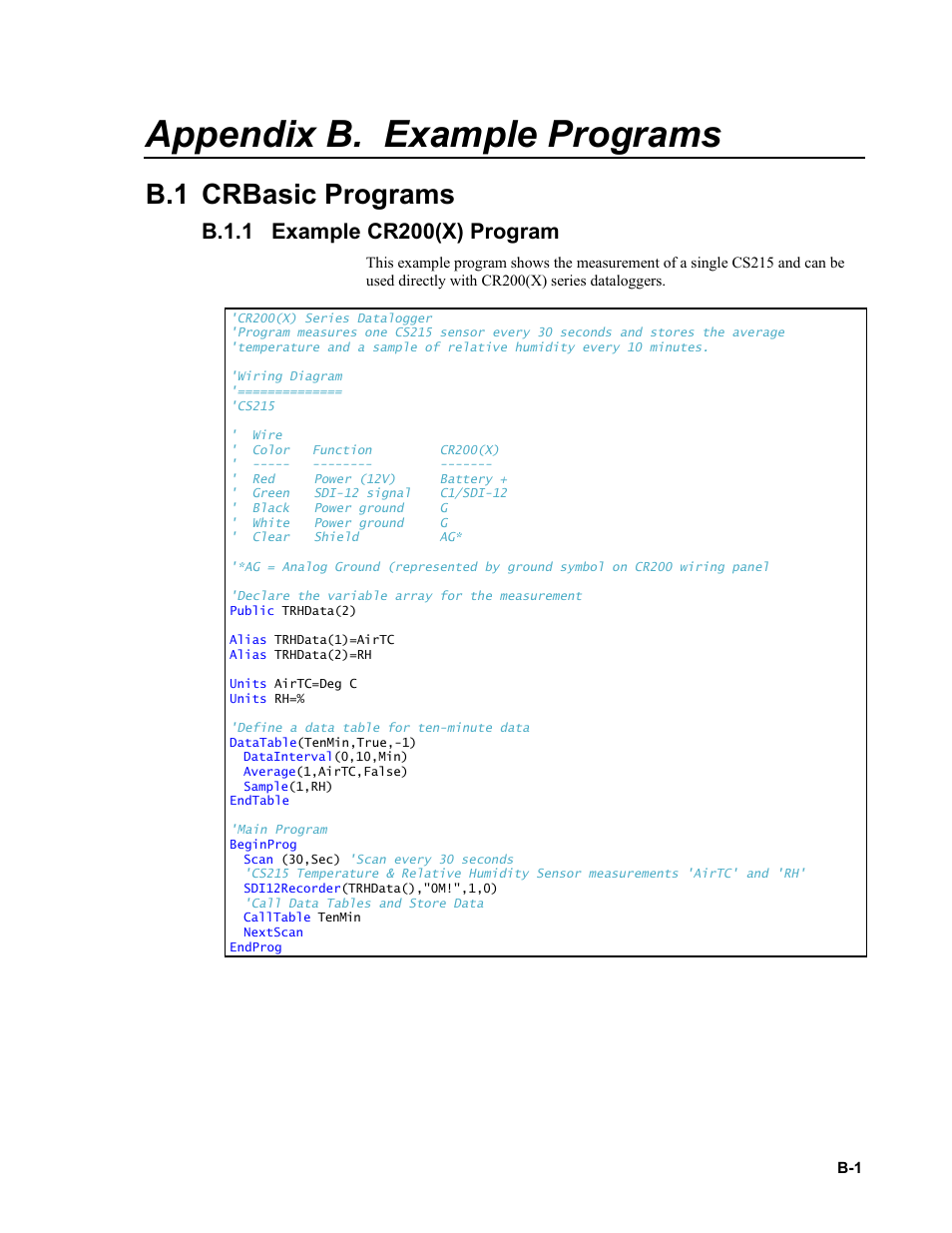 Appendix b. example programs, B.1 crbasic programs, B.1.1 example cr200(x) program | B.1.1, Appendix b | Campbell Scientific CS215 Temperature and Relative Humidity Probe User Manual | Page 31 / 44