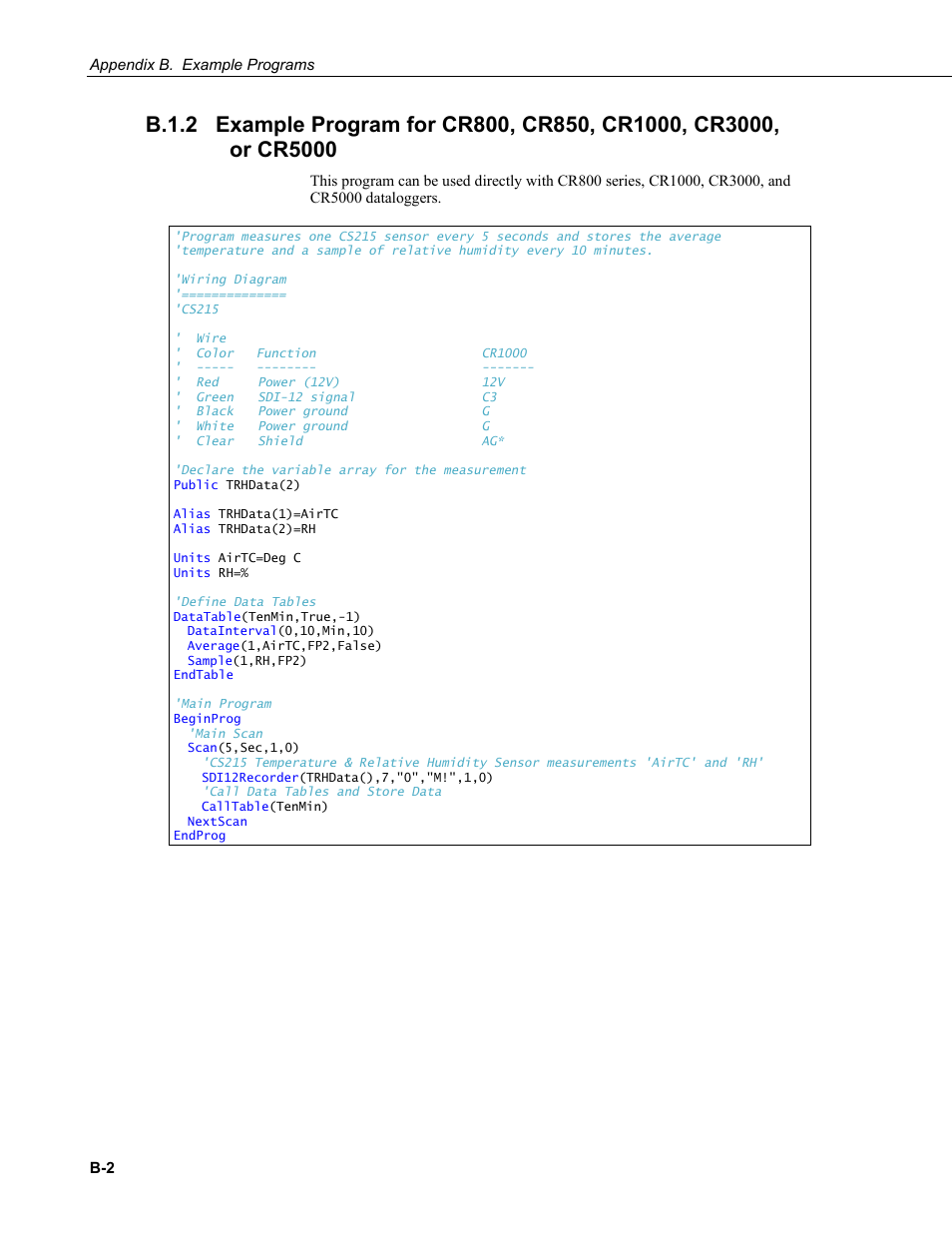 B.1.2, Example program for cr800, cr850, cr1000, cr3000 | Campbell Scientific CS215 Temperature and Relative Humidity Probe User Manual | Page 32 / 44