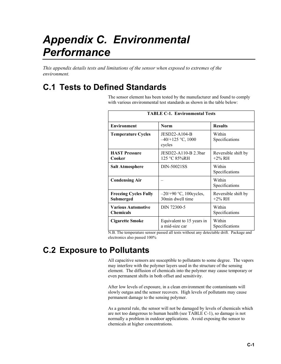 Appendix c. environmental performance, C.1 tests to defined standards, C.2 exposure to pollutants | Ee appendix c, Appendix c | Campbell Scientific CS215 Temperature and Relative Humidity Probe User Manual | Page 35 / 44