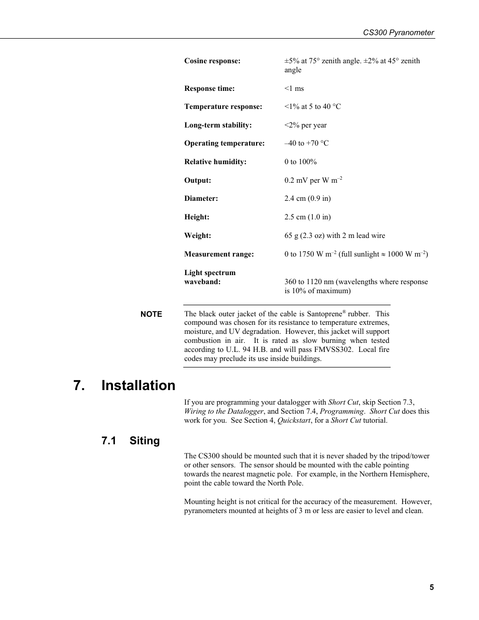Installation, 1 siting, Siting | Campbell Scientific CS300 Silicon Pyranometer User Manual | Page 13 / 28