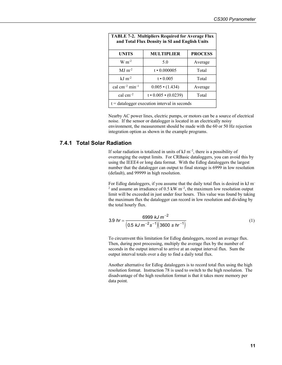 1 total solar radiation, Total solar radiation, Si and english units | Table 7-2 | Campbell Scientific CS300 Silicon Pyranometer User Manual | Page 19 / 28