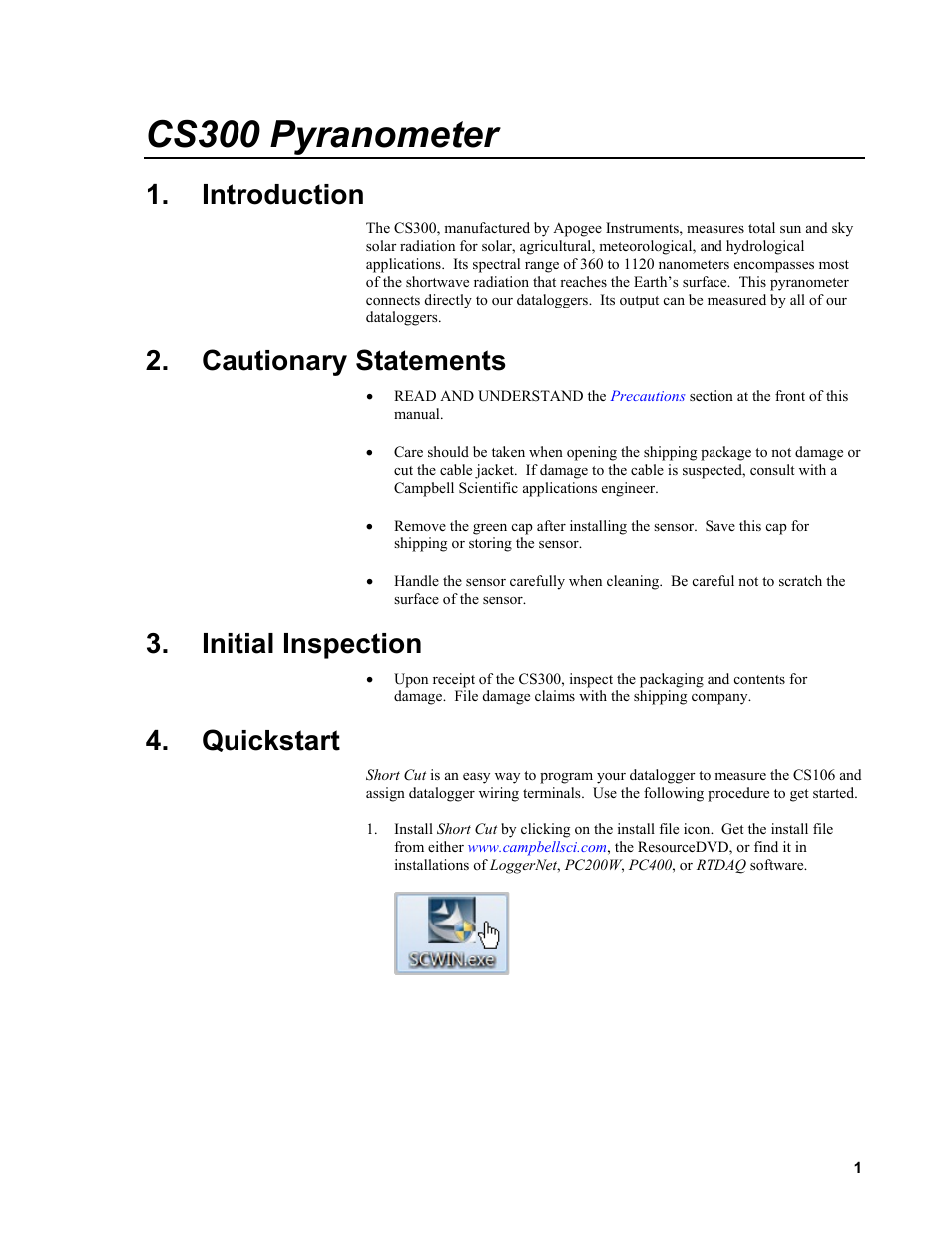 Introduction, Cautionary statements, Initial inspection | Quickstart, Cs300 pyranometer | Campbell Scientific CS300 Silicon Pyranometer User Manual | Page 9 / 28