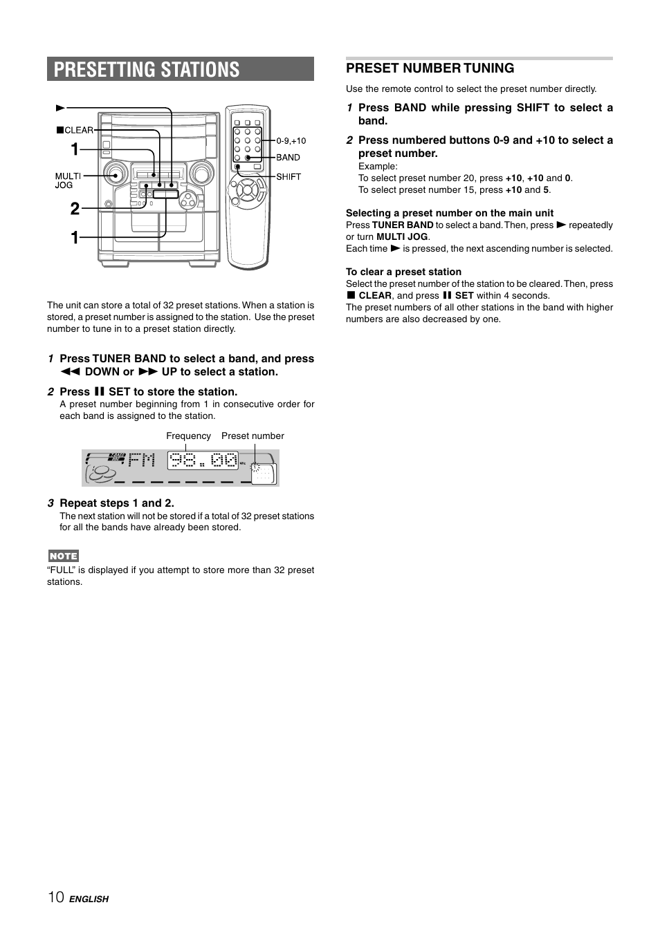 Presetting stations, Preset number tuning | Aiwa CX-NAJ54 User Manual | Page 10 / 68
