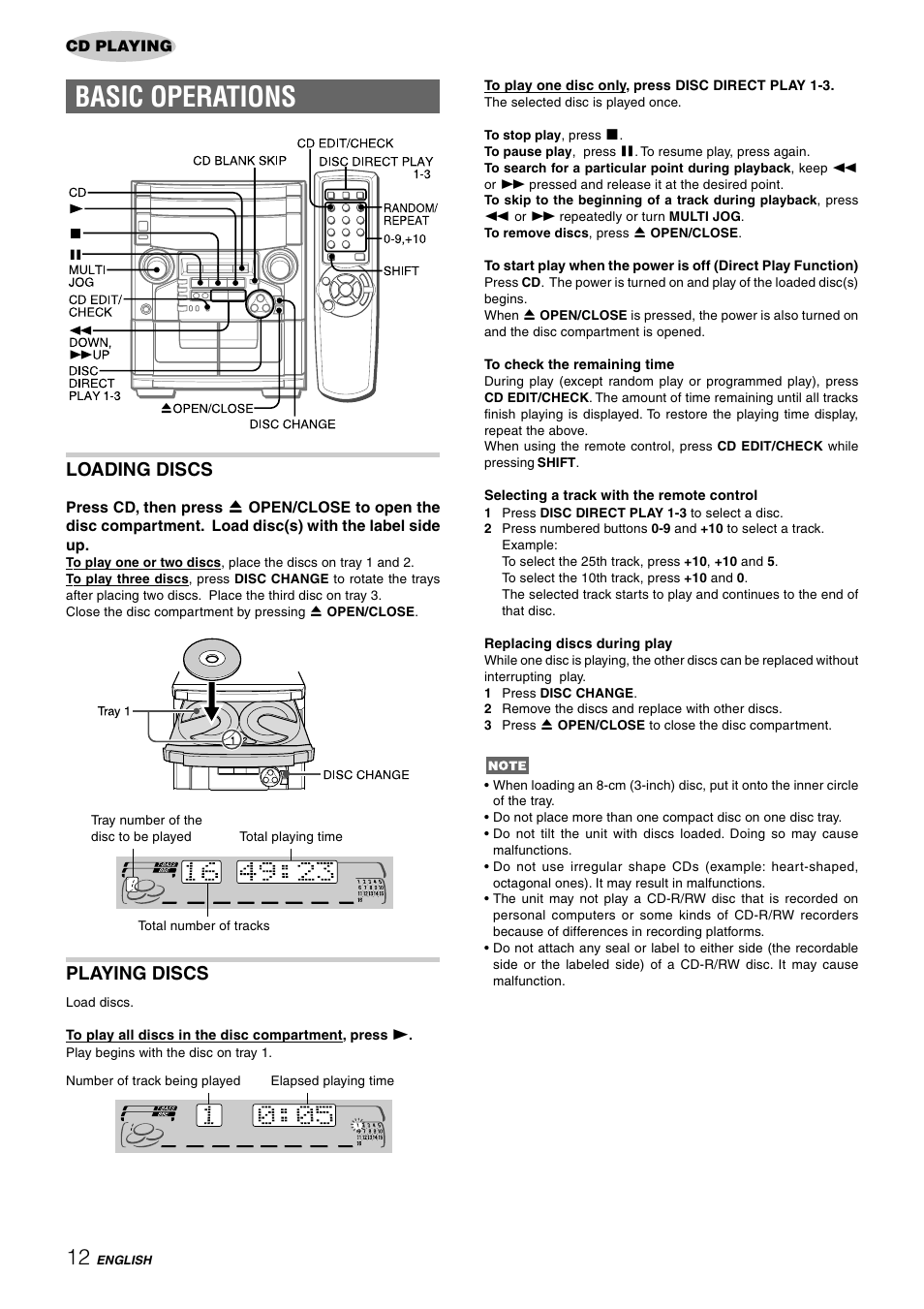 Basic operations, Loading discs, Playing discs | Aiwa CX-NAJ54 User Manual | Page 12 / 68