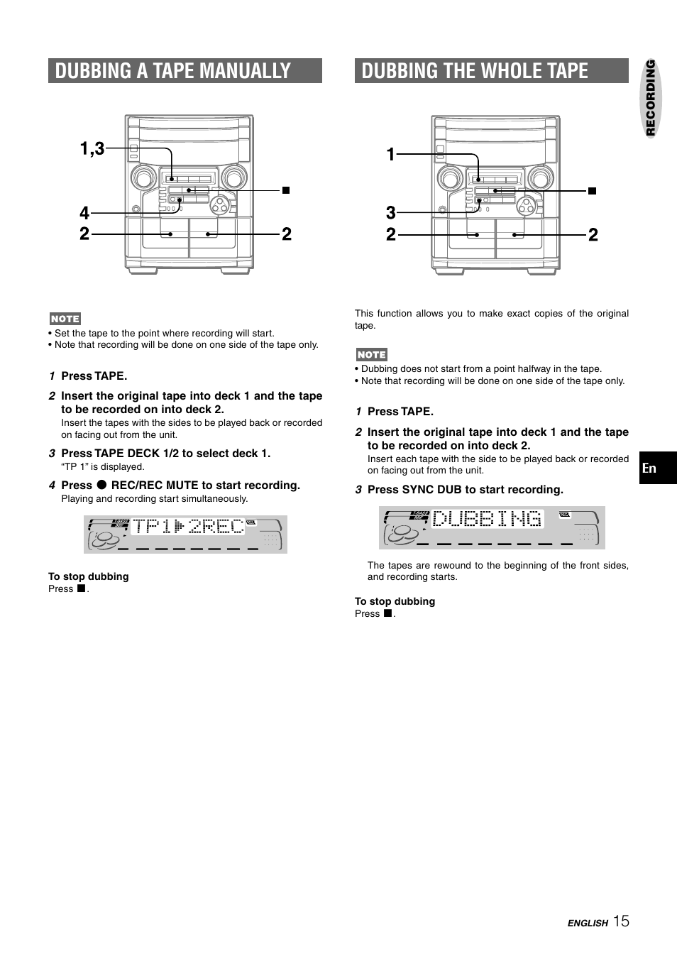 Dubbing a tape manually, Dubbing the whole tape | Aiwa CX-NAJ54 User Manual | Page 15 / 68