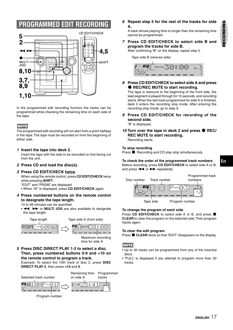 Programmed edit recording | Aiwa CX-NAJ54 User Manual | Page 17 / 68