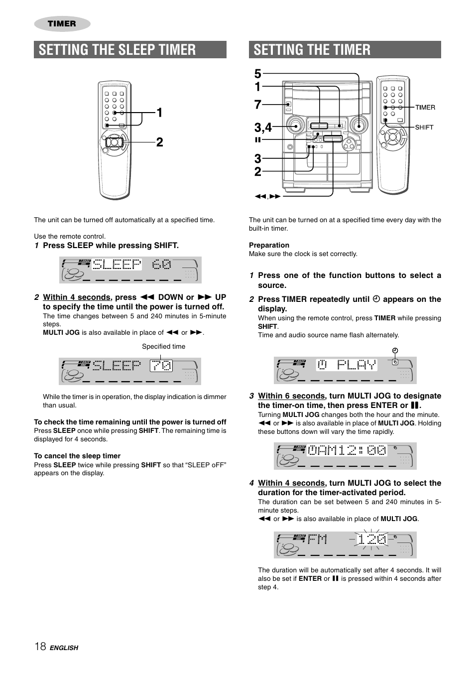 Setting the timer, Setting the sleep timer | Aiwa CX-NAJ54 User Manual | Page 18 / 68