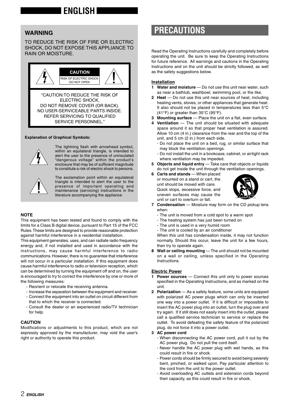 English, Precautions, Warning | Aiwa CX-NAJ54 User Manual | Page 2 / 68
