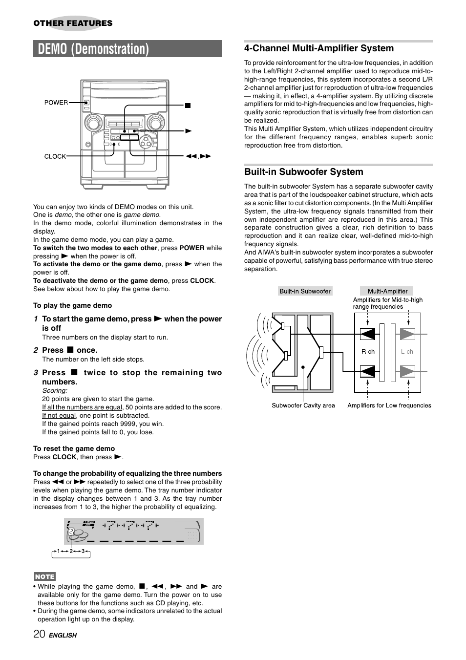 Demo (demonstration), Channel multi-amplifier system, Built-in subwoofer system | Aiwa CX-NAJ54 User Manual | Page 20 / 68