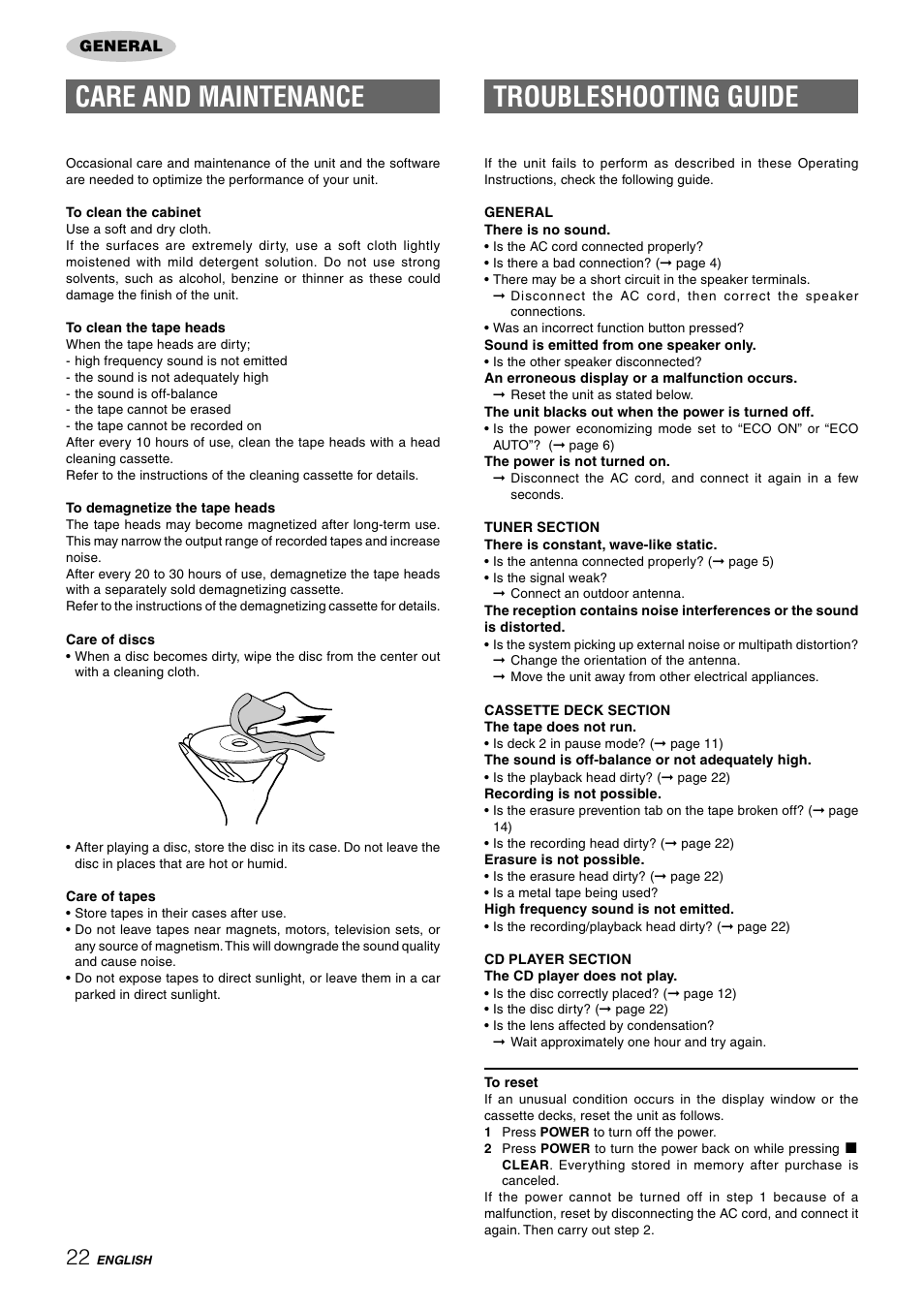 Care and maintenance, Troubleshooting guide | Aiwa CX-NAJ54 User Manual | Page 22 / 68