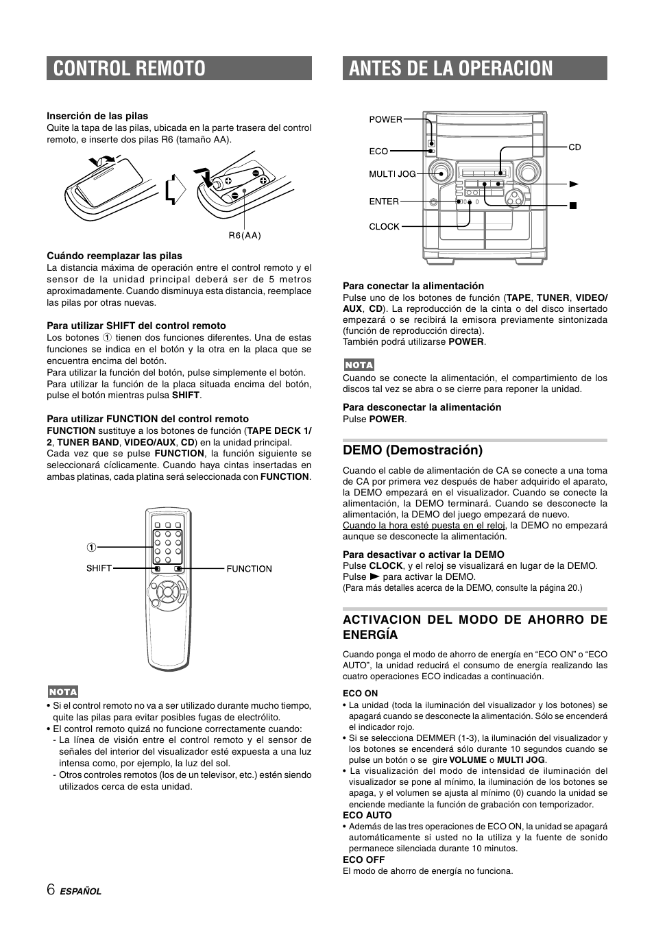 Antes de la operacion, Control remoto, Demo (demostración) | Aiwa CX-NAJ54 User Manual | Page 29 / 68