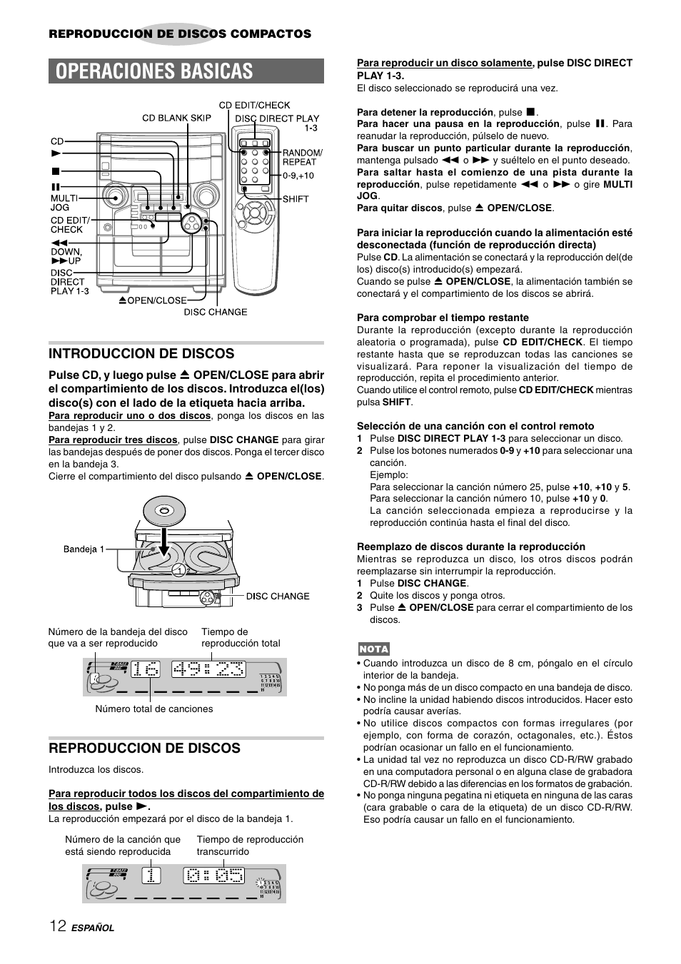 Operaciones basicas, Introduccion de discos, Reproduccion de discos | Aiwa CX-NAJ54 User Manual | Page 35 / 68