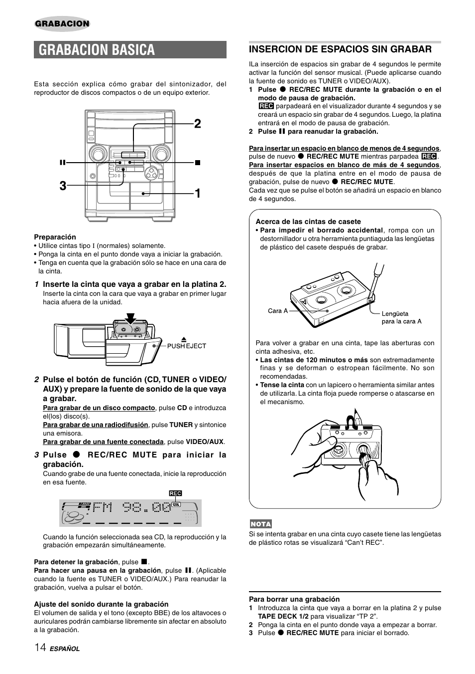 Grabacion basica, Insercion de espacios sin grabar | Aiwa CX-NAJ54 User Manual | Page 37 / 68