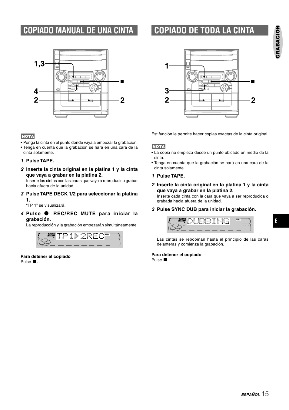 Copiado manual de una cinta, Copiado de toda la cinta | Aiwa CX-NAJ54 User Manual | Page 38 / 68