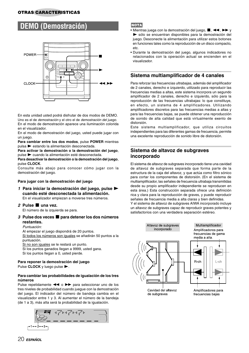 Demo (demostración), Sistema multiamplificador de 4 canales, Sistema de altavoz de subgraves incorporado | Aiwa CX-NAJ54 User Manual | Page 43 / 68