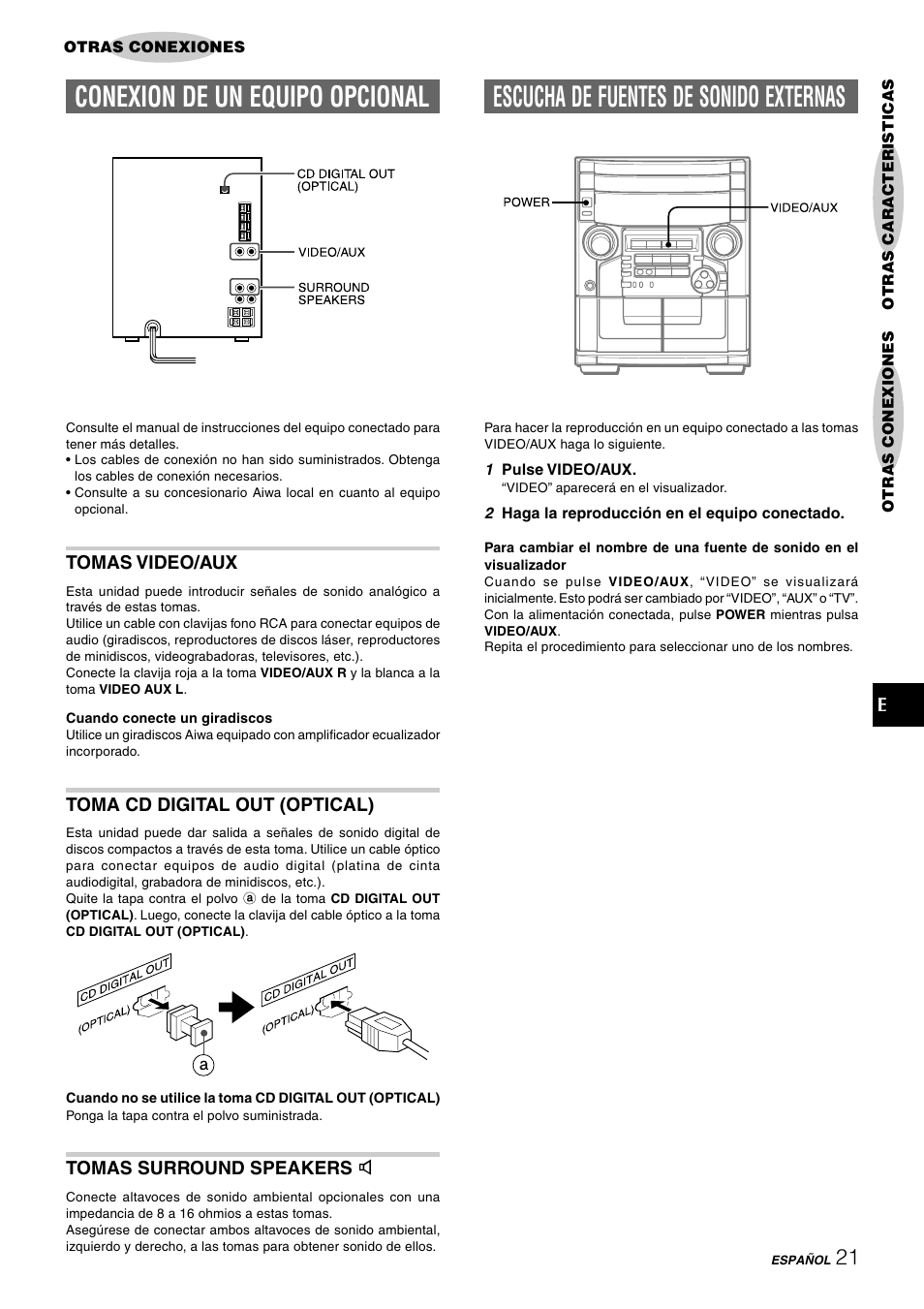 Conexion de un equipo opcional, Escucha de fuentes de sonido externas | Aiwa CX-NAJ54 User Manual | Page 44 / 68