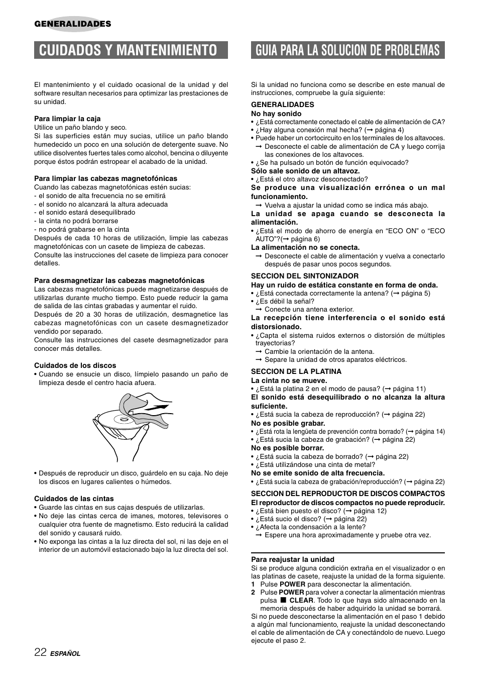 Cuidados y mantenimiento, Guia para la solucion de problemas | Aiwa CX-NAJ54 User Manual | Page 45 / 68