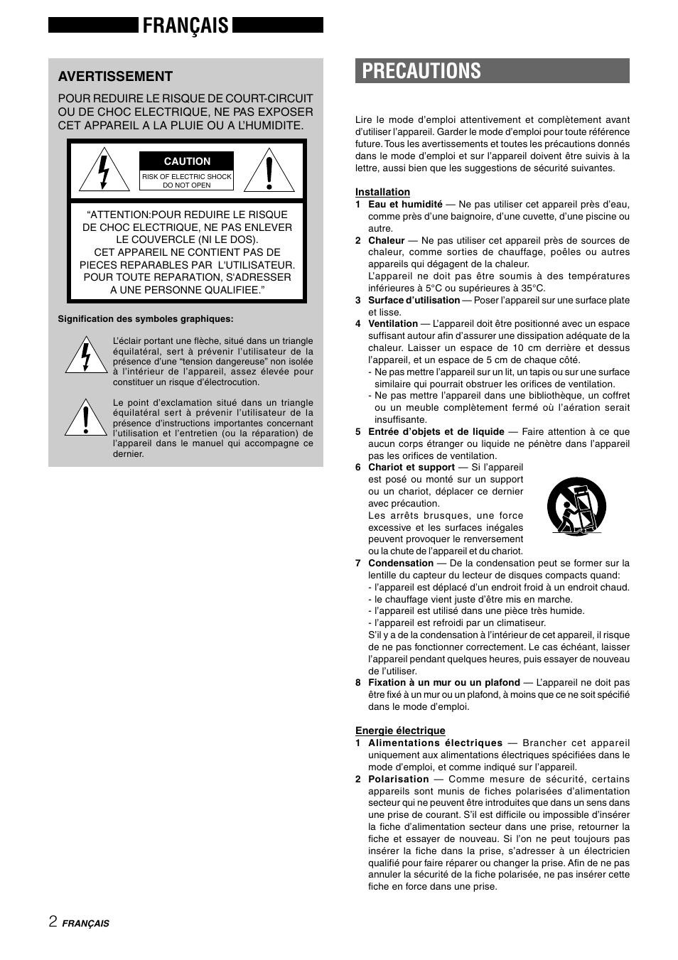 Precautions, Français, Avertissement | Aiwa CX-NAJ54 User Manual | Page 47 / 68