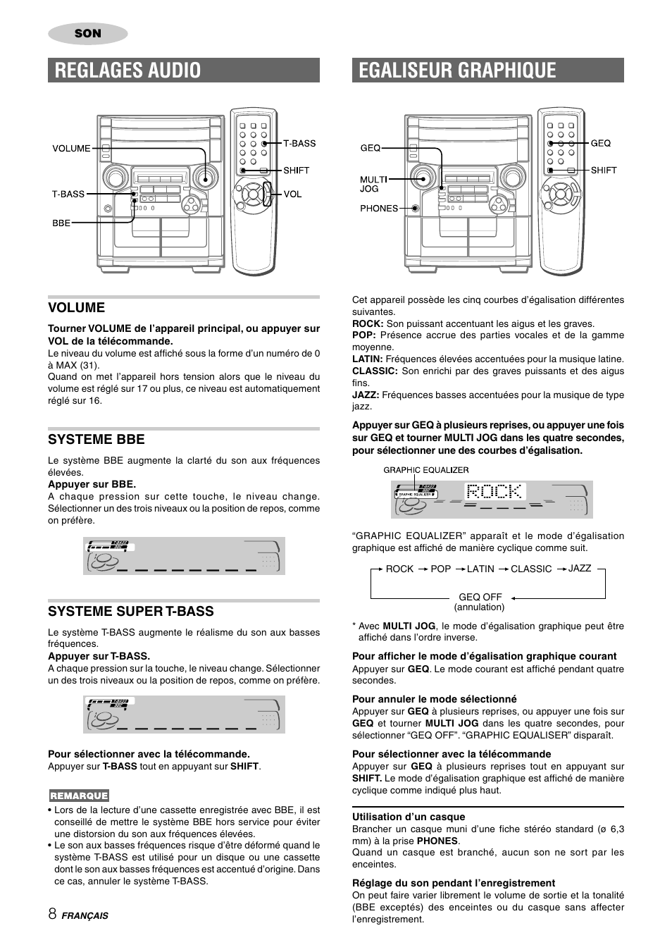 Reglages audio, Egaliseur graphique, Volume | Systeme bbe, Systeme super t-bass | Aiwa CX-NAJ54 User Manual | Page 53 / 68