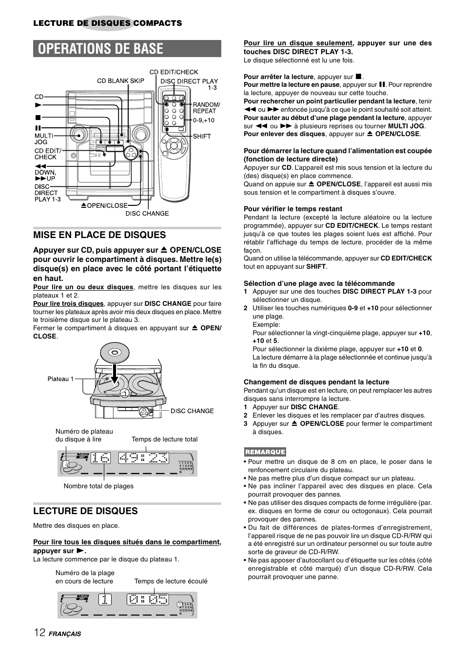 Operations de base, Mise en place de disques, Lecture de disques | Aiwa CX-NAJ54 User Manual | Page 57 / 68