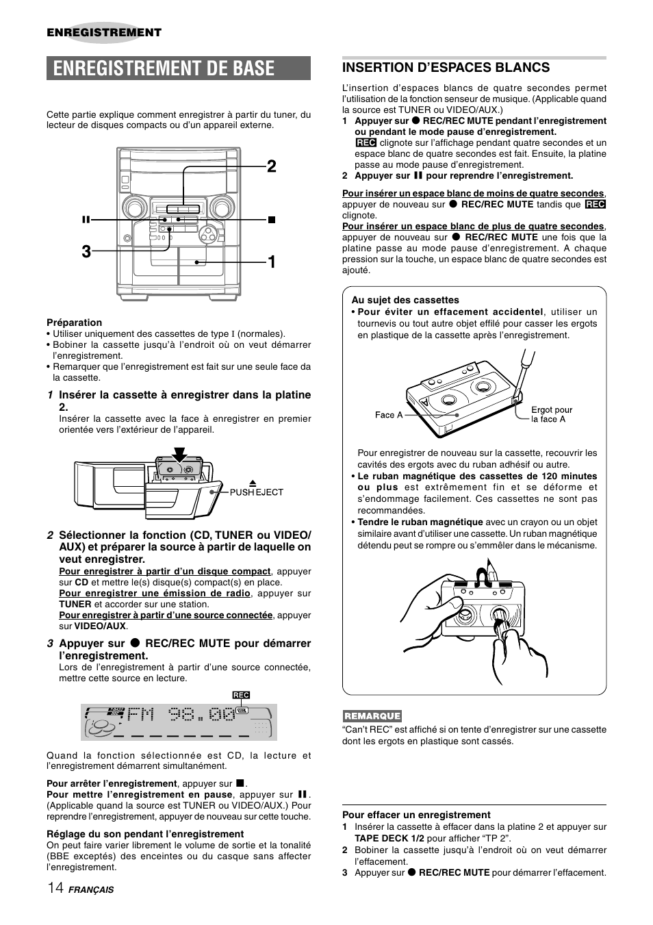 Enregistrement de base, Insertion d’espaces blancs | Aiwa CX-NAJ54 User Manual | Page 59 / 68
