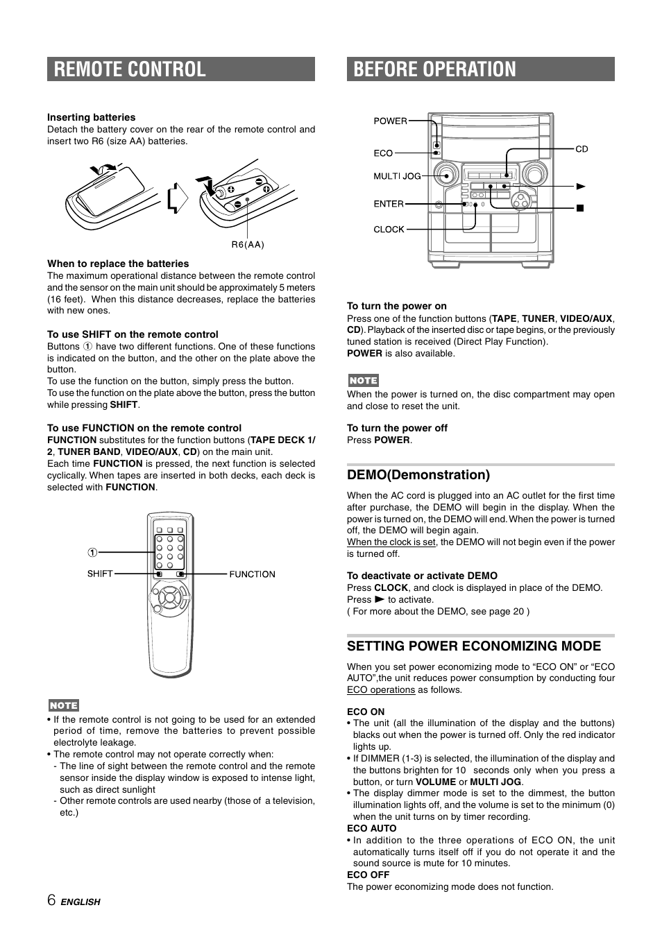 Remote control, Before operation, Demo(demonstration) | Setting power economizing mode | Aiwa CX-NAJ54 User Manual | Page 6 / 68